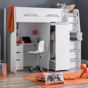 Letto a Soppalco in Legno Bianco e Grigio, Mobili per Bambini in MDF, Letti a Castello per Ragazzi - Product Image 1