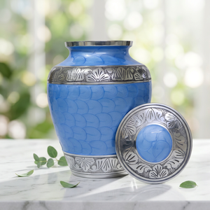 Urne funéraire VASE de haute qualité, tendance, bleu émail uni, en aluminium, moderne, traditionnelle, antique, pour adulte, gravée, avec impression numérique - Product Image 1