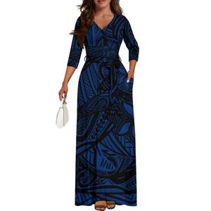 جديد تصميم جزيرة المحيط الهادئ للنساء فستان طويل الأكمام حزام مخصص كبير الحجم الجانب جيب ربط متابعة فستان الجزيرة فساتين عارضة - Product Image 3