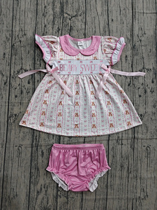 GBO0520 Ensemble de vêtements personnalisés pour fillette, sans MOQ, motif fleurs roses, smockée avec nœuds, sans manches, style Bummies, vente en gros pour enfants - Product Image 2