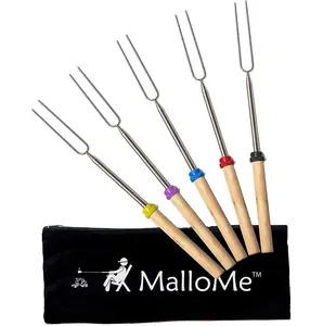 SET OF 5 wholesale 32 inch extendable Wooden handle stainless Steel BBQ forks