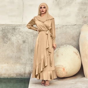 Asymmetrisches Rüschen-Taillengürtel Muslimisches Kleid Hohe Qualität Lange Ärmel Satin Muslimische Damen Einfarbiges Maxikleid - Product Image 4