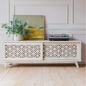 Meuble TV en bois de manguier massif sculpté à la main, meuble de divertissement traditionnel en bois, meuble de salon rustique, rangement durable - Product Image 1