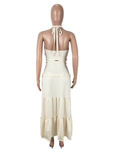 Conjunto de Dos Piezas para Mujer, Camisola Sexy con Cuello en V y Volantes, Falda Maxi con Detalle de Nudo, a la Moda - Product Image 5