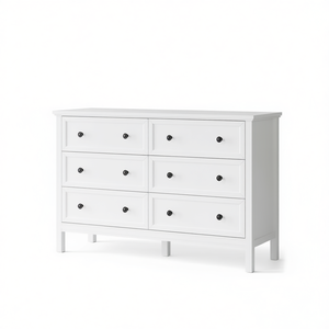 Commode moderne à 6 tiroirs en bois blanc avec poignées noires, meuble de rangement pour chambre à coucher - Product Image 1