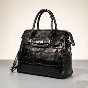 Sac à main noir pour femme en cuir gaufré crocodile avec poignée supérieure, fermoir métallique, bandoulière amovible, grande capacité, sac fourre-tout professionnel pour femme - Product Image 4