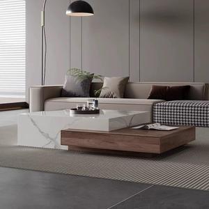 Mesa de Centro Cuadrada con Almacenamiento, Superficie de Piedra Resistente y Base de Madera Oscura, Mueble de Diseño Moderno para Sala de Estar. - Product Image 2