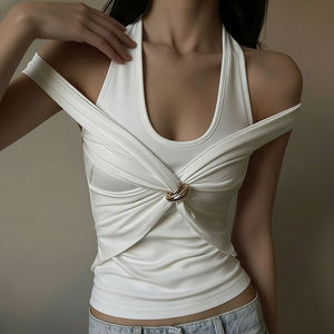 Camiseta sin mangas Y2K Grunge con diseño frontal retorcido, estilo urbano, transpirable, de verano, ajustada, para mujer, no es de dos piezas, con empalmes en contraste y detalles metálicos. - Product Image 4