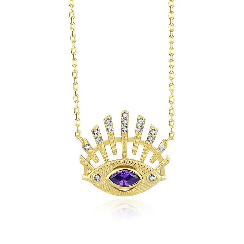 Nieuwkomers Dainty Turkse Eye Charm Ketting Zirkoon 18K Goud 925 Zilver Amethist Evil Eye Hanger Ketting Voor Vrouwen