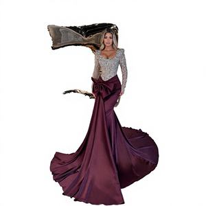 Vestido de Fiesta Largo Personalizado Color Borgoña Satinado Estilo Sirena con Cuello Cuadrado y Manga Larga para Boda o Compromiso 2025 - Product Image 4