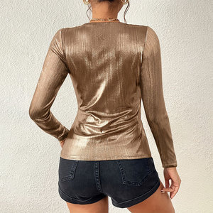 Blusa Elegante de Manga Larga con Cuello en V y Pliegues Brillantes para Mujer - Product Image 6