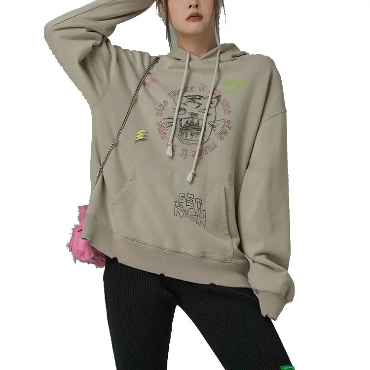 العلامة التجارية الفرنسية تيري ، جي إس إم ملابس الشارع التطريز شعار طبقة مزدوجة هوديي المستدامة صديقة للبيئة هوديي المورد