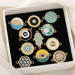 HP0200 Conector de Doble Orificio para Fabricación de Joyas, Dijes de Barra para Pulseras, de Latón Chapado en Oro de 18K, con Ojos Turcos y Esmalte de Zirconia, Venta al por Mayor - Product Image 4