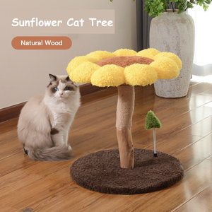 Arbre à chat en bois naturel Tournesol avec griffoir en sisal et velours doux pêche, 2 tailles S/L pour chats de petite taille, mobilier pour animaux domestiques - Product Image 2