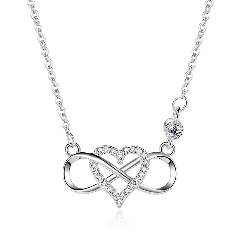 Hot Trendy Woman Gift Jewellery 925 Sterling Silver Micro Pave CZ Heart infinity Pendant Necklace