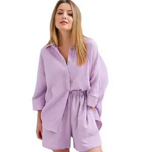 Lässige lose Frauen Pyjamas reine Baumwolle Hemden und Shorts Frühling Sommer 2 Stück Shorts Set Outfits