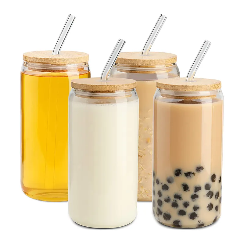 Drinking Glass 16 oz Can Shaped Boba Tea Glass Beer Can Cups with Bamboo Lids and Glass Straws for Juice Beverage Milk