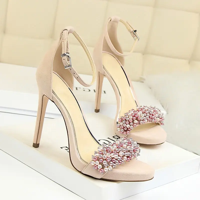 Cheap Wholesale Shoes Ladies Sexy Stiletto High Heels New Arrivals Fashion Pearls Pink Suede Ankle Strap Peep Toe Women Sandals