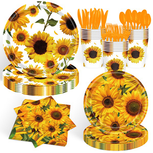 Sunflower Paper Plate Set 60-80 Pcs Birthday Party Tableware Round Digital Printing <b>Environment</b> Friendly - Product Image 1