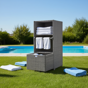 Panier à 2 étagères en rotin gris pour serviettes de spa et piscine, avec rangement, 33x15x85cm - Product Image 2