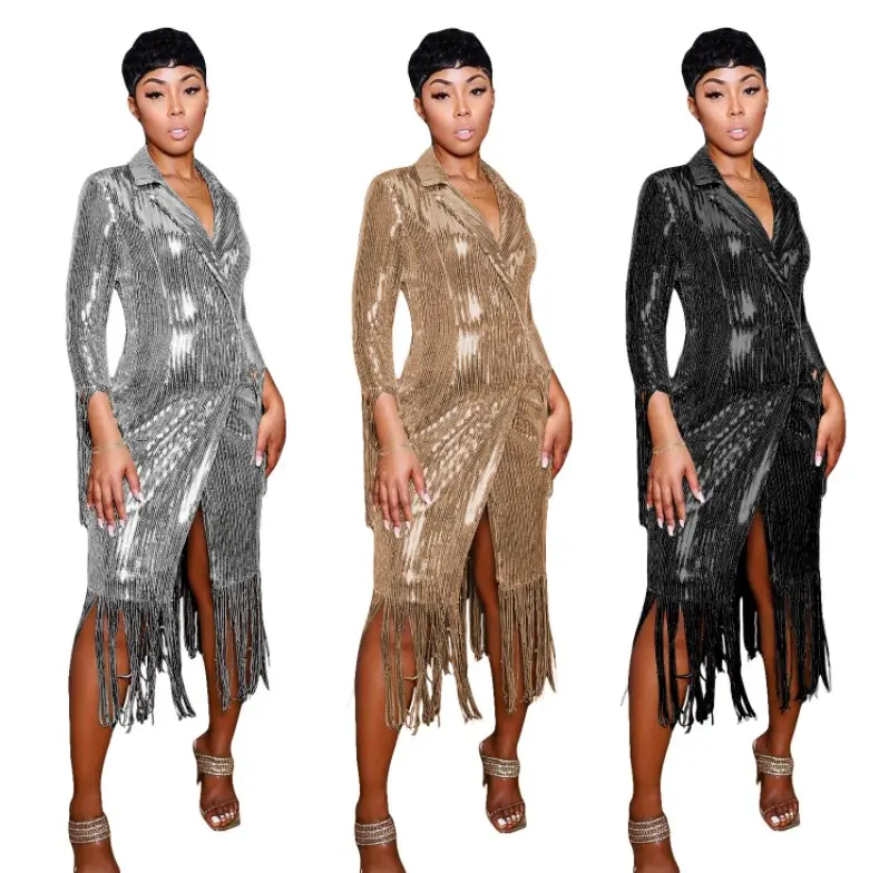 2022 Elegant casual fashion ol office ladies women's casual tassels fringes sequins long jacket coat dress