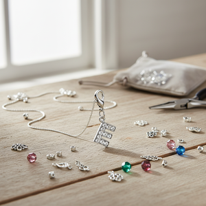 Ciondolo con lettera E in argento e cristallo per la creazione di gioielli e accessori - Product Image 3
