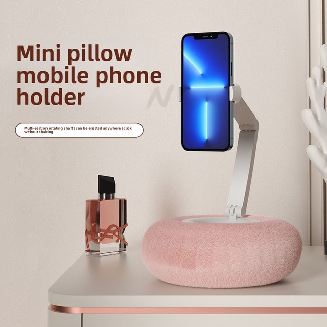 Cute Plastic Mini Plush Pillow Phone Holder with Multi-Segment Axis Hands-Free Stand for Bed and Sofa