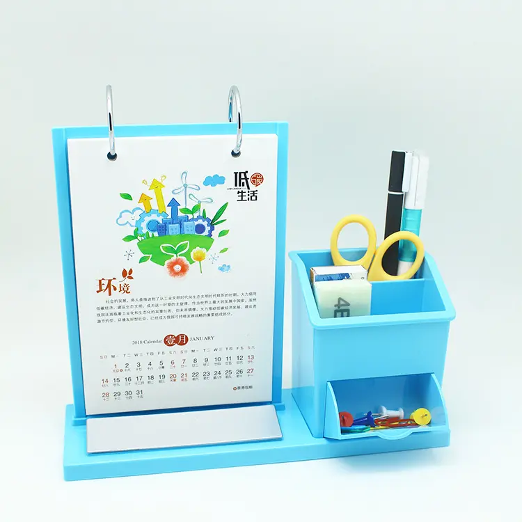 Créatif multi-fonction publicité calendrier de bureau personnalisé en plastique porte-stylo calendrier de bureau en gros