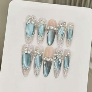 Nuevo Producto al por Mayor. Uñas Postizas de Moda Estilo Francés <span class=keywords><strong>con</strong></span> Líneas Metálicas Irregulares en Forma de Ojo de Gato Negro y Azul, Estilo Flor de Hielo, para Instagram - Product Image 2