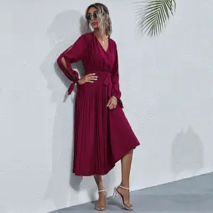 Mandy 새로운 디자인 여름 프랑스어 긴 소매 v 넥 중공 긴 드레스 Pleated 넥타이 캐주얼 단색 여성 드레스