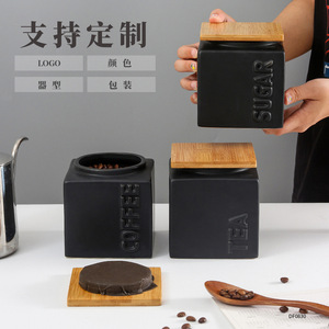Customized Square Ceramic Coffee Bean Storage Jar With Wooden Lid Black Color Set Of Three For Kitchen Use DF0830 - Product Image 1