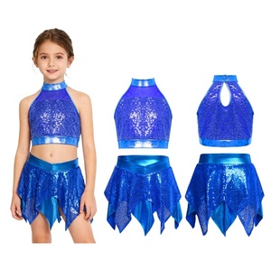 Costumes de danse à sequins pour filles, ensemble deux pièces avec haut dos nu, panneau en maille transparente, jupe à ourlet dentelé, tenue de scène métallique pour enfants, performance latine personnalisée - Product Image 5