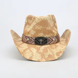 Bullhead Metal kemer Toyo hasır kovboy şapka toptan düşük fiyat batı Cowgirl güneş plaj şapkası