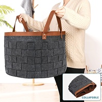 Panier de rangement rond en feutre tissé à la main de grande capacité de 65 L avec poignées en cuir