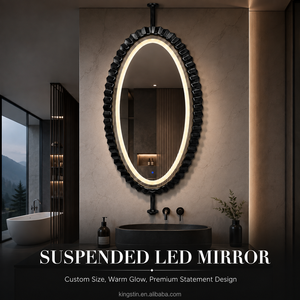 Miroir LED flottant suspendu <span class=keywords><strong>de</strong></span> luxe Kingstin avec cadre en acier inoxydable noir sur mesure pour salles <span class=keywords><strong>de</strong></span> <span class=keywords><strong>bain</strong></span> modernes, hôtels et villas - Product Image 1