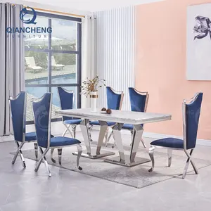 modern rectangle mirrored silver stainless steel frame marble top dining room furniture table set