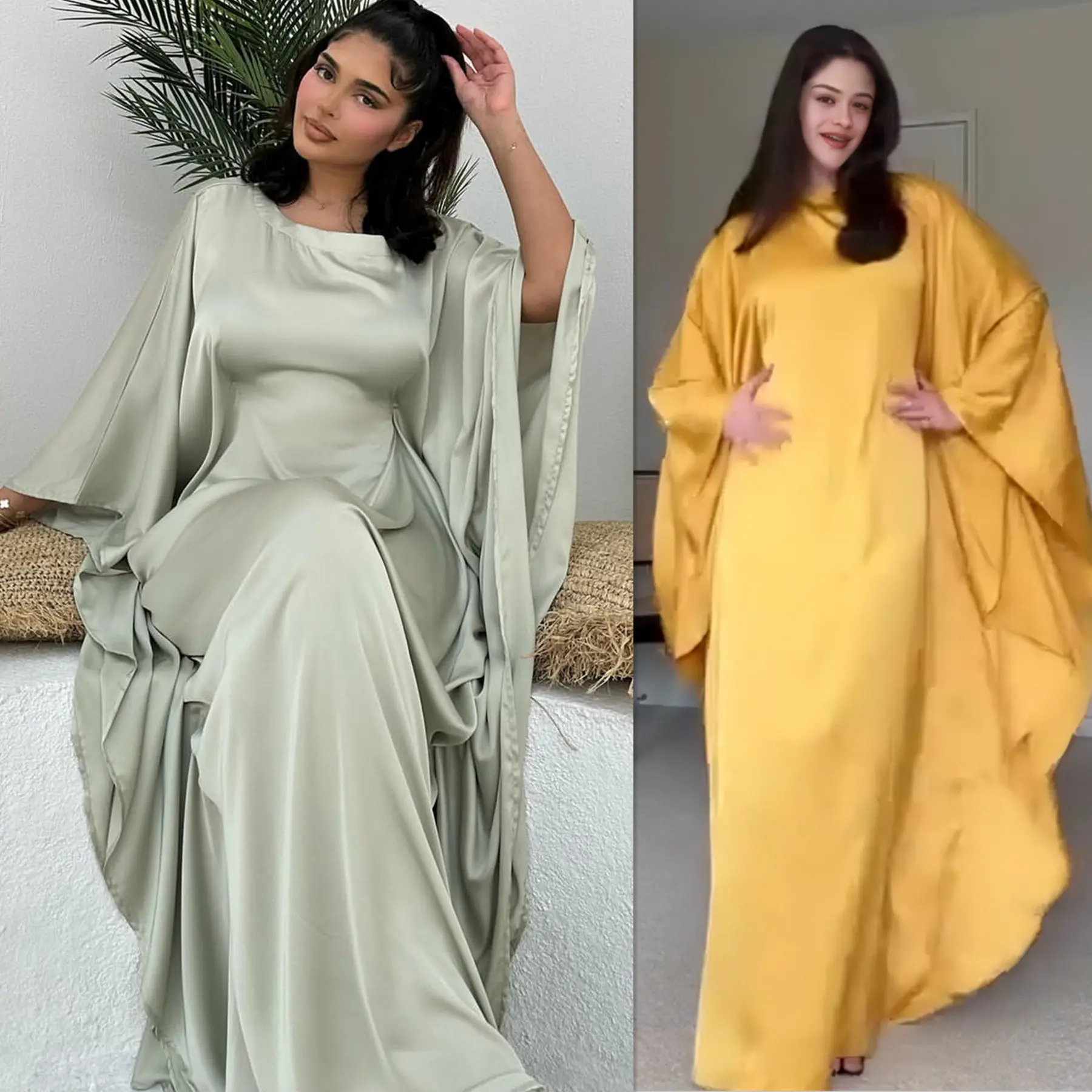Vestido modesto abaya feminino elegante solto, Kaftan Abaya plus size, roupa islâmica de cetim brilhante, vestido muçulmano, ideal para o Ramadã, 2024