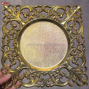 <span class=keywords><strong>Assiettes</strong></span> de décoration de mariage 13 pouces, plaques carrées en plastique doré, style vintage, bord ajouré, pour banquet et dîner - Product Image 1