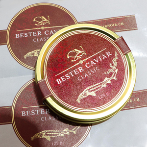 Étiquettes personnalisées en papier artistique holographique rouge durable avec dorure à chaud pour l'emballage du caviar, des aliments pour animaux et des collations - Product Image 2