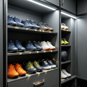 Armoire moderne en bois gris mat pour adolescents, avec dressing intégré, étagère à chaussures multi-niveaux et meuble <span class=keywords><strong>de</strong></span> rangement pour ballons <span class=keywords><strong>de</strong></span> basketball, idéale pour villas <span class=keywords><strong>de</strong></span> luxe - Product Image 2