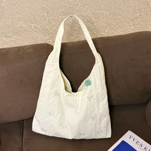 Korean-Style <b>Canvas</b> <b>Bag</b> <b>Large</b>-Capacity Shoulder <b>Bag</b> with Embroidered Bow Accent - Product Image 2