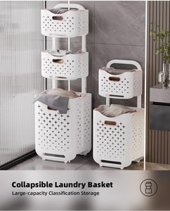2-Tier Collapsible Breathable Mildew-Proof Eco-Friendly Durable Plastic Laundry <b>Basket</b> with Wheels for Bathroom Clothing Modern - Product Image 2