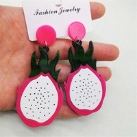 Eenvoudige Zoete Fruit Hanger Hars Oorbellen Pitaya Acryl Oorbellen Partij Sieraden Groen Blad Zwart Gespikkeld Wit Roze 1 Paar
