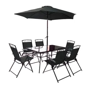 咖啡厅池畔海滩庭院家具户外桌子与伞和 6 座折叠椅子