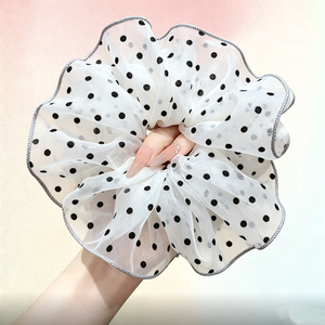 Elastico per capelli coreano in tulle trasparente con pois neri, per coda di cavallo - Product Image 1