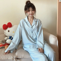 Nouvel ensemble de pyjamas décontractés pour couple, à rayures bleues et motif cocotier, en coton pur, à manches longues et col à revers, collection automne