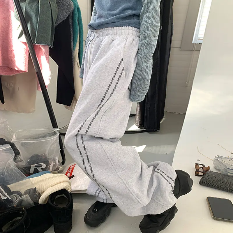 Azınlık basit gri elastik belli çizgi tasarım gevşek pantolon kadınlar yeni sıcak spor rahat pantolon