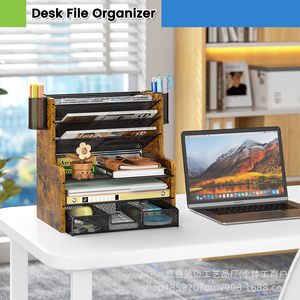 Iron And Wood <b>File</b> Management Rack 6 Layers Desktop Organizer With Drawers Office Supplies <b>Storage</b> Shelf - Product Image 3