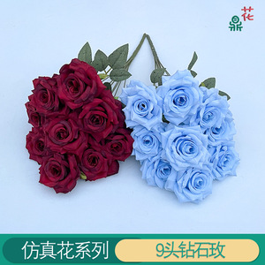 ดอกกุหลาบเพชรเก้าหัว ขนาด 48 ซม. ดอกไม้ผ้าไหมสำหรับตกแต่งงานแต่งงาน สีส้ม - Product Image 3