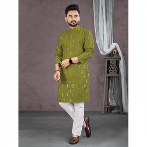 ESPEJO DE ALGODÓN DE DISEÑADOR TRABAJO LISTO PARA LLEVAR HOMBRE KURTA CON PIJAMA MEHNDI Achkan Bandhgala Sherwani - Product Image 1